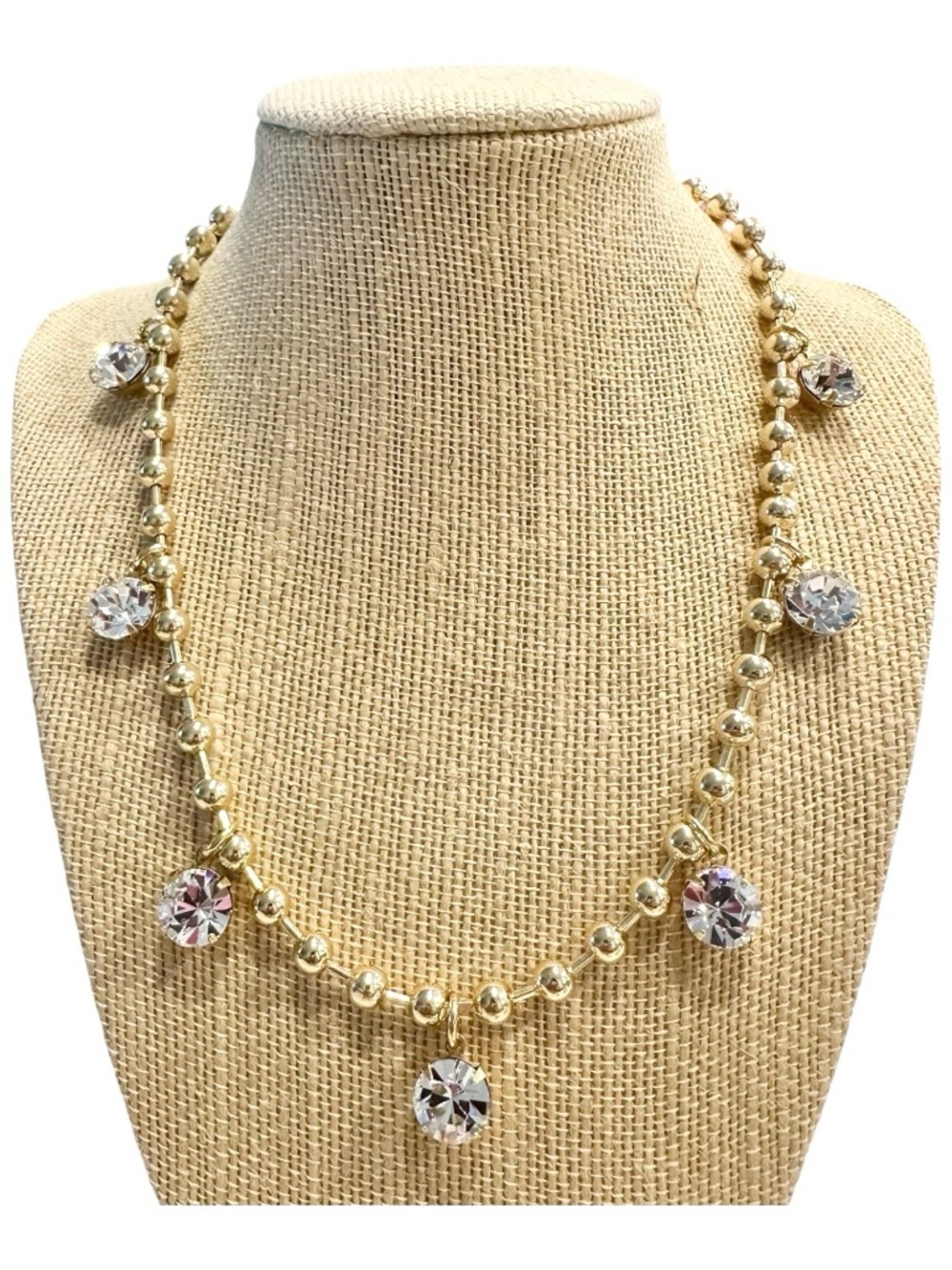 Yochi Gold Bead Necklace with Clear Crystal Drops